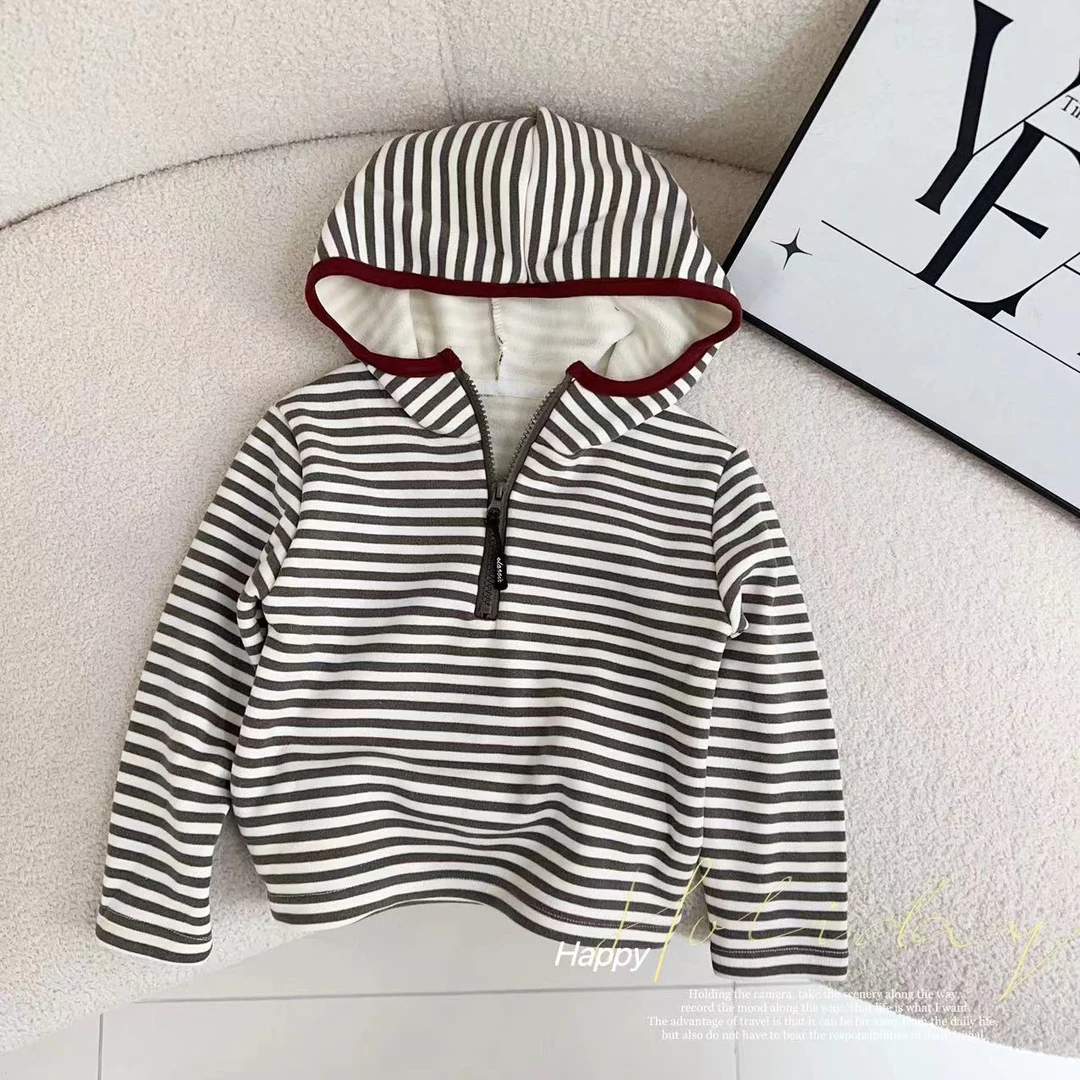 汤圆家童装2024冬季新款韩系半拉链加绒条纹撞色上衣 XA-469