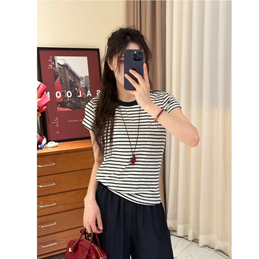 2025春夏新款莱塞尔天丝正肩圆领条纹短袖休闲显瘦T恤