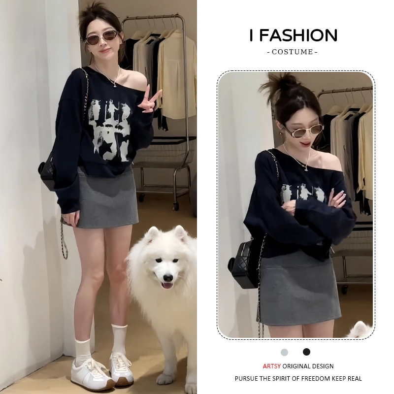 高含棉韩版时尚百搭印花卫衣女2026春秋新款洋气宽松显瘦露肩上衣