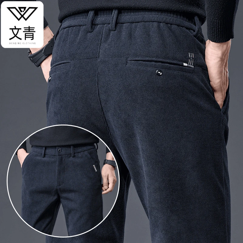 文青男士秋冬新款博澳绒直筒休闲裤宽松百搭中高腰刺绣保暖长裤