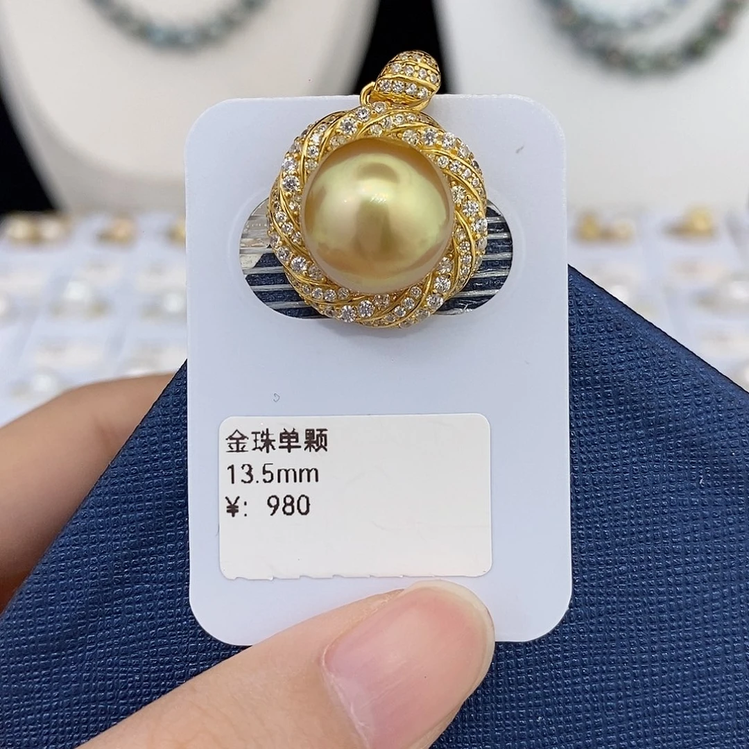 银S925镶嵌耳饰海水珍珠13.5mm金珠吊坠