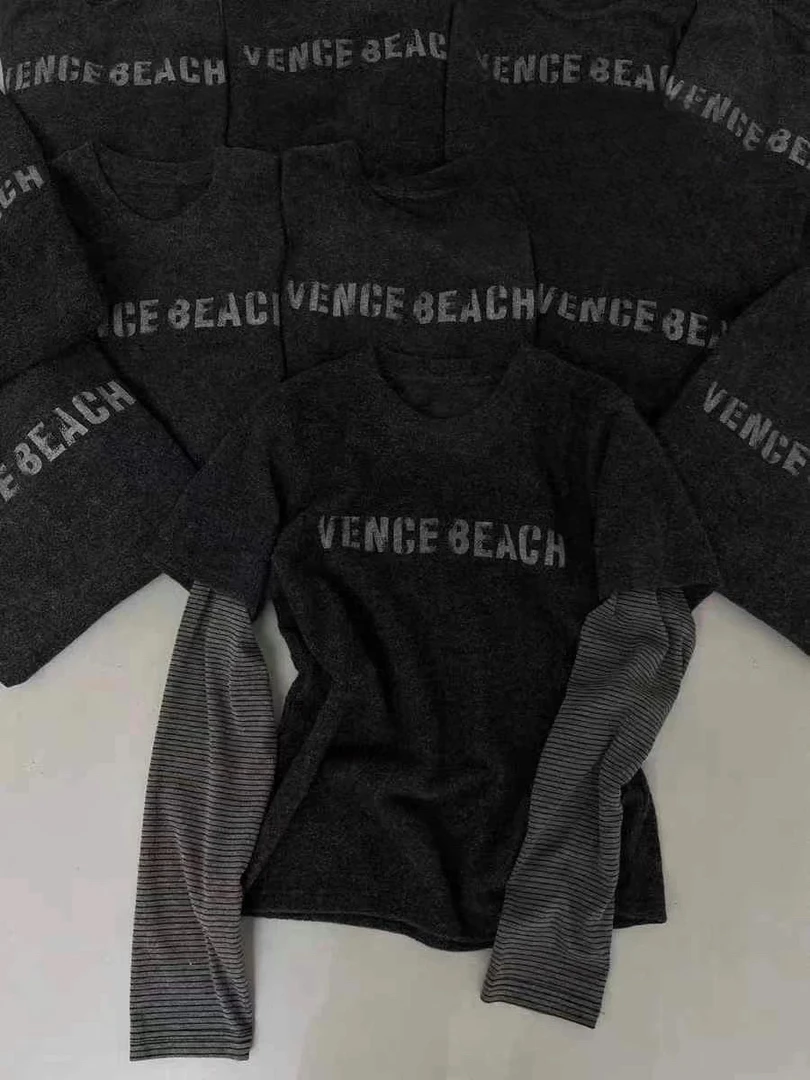 【条纹手袖假两件】秋冬新款字母印花拼接条纹袖T恤女百搭针织