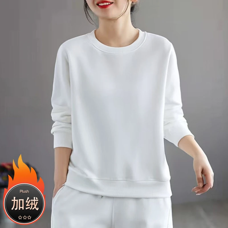 纯棉卫衣女2025新款春秋薄款圆领宽松外套秋冬加绒纯色长袖上衣潮