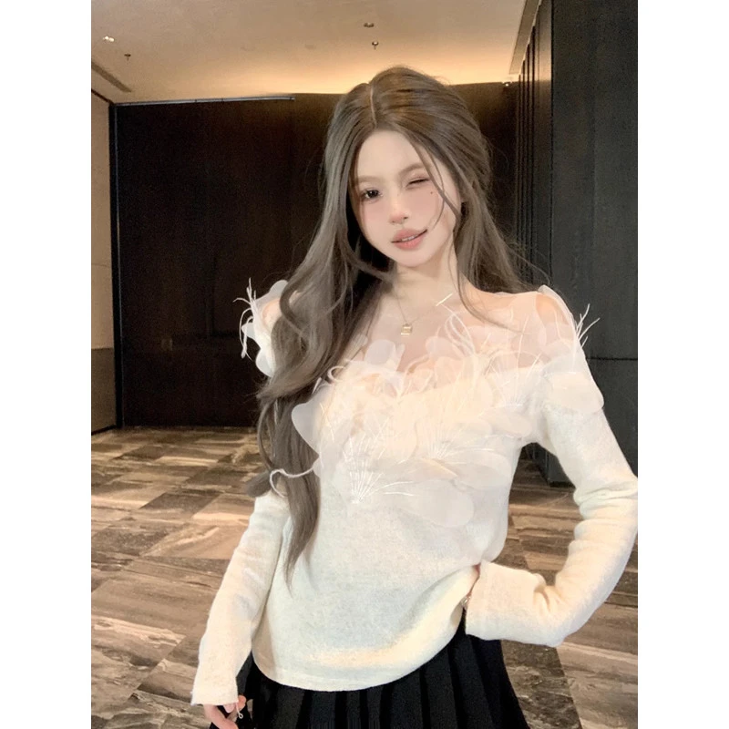 网纱花瓣一字肩长袖针织衫女春秋冬新款气质内搭毛衣修身打底上衣