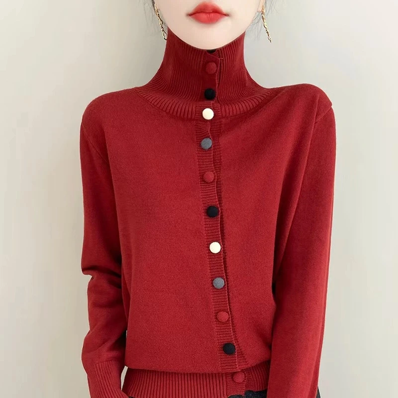 高领彩扣针织开衫女高领冬新款超洋气套头毛衣打底衫加厚纯色