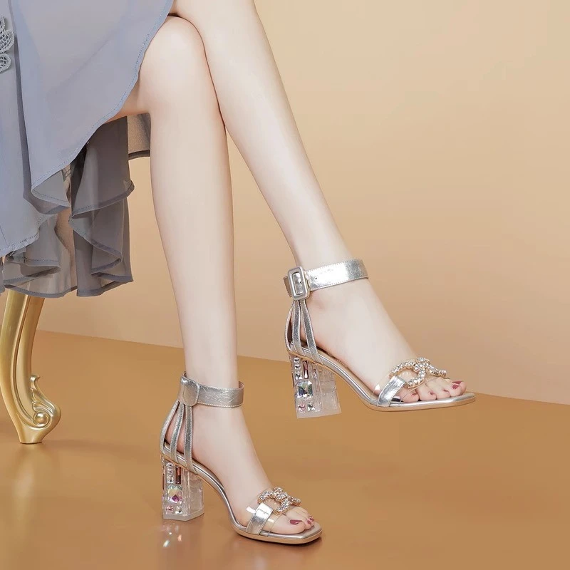 【韩国JTG&Shoes官方正品】凉鞋女夏粗跟水钻方头一字带罗马高跟鞋