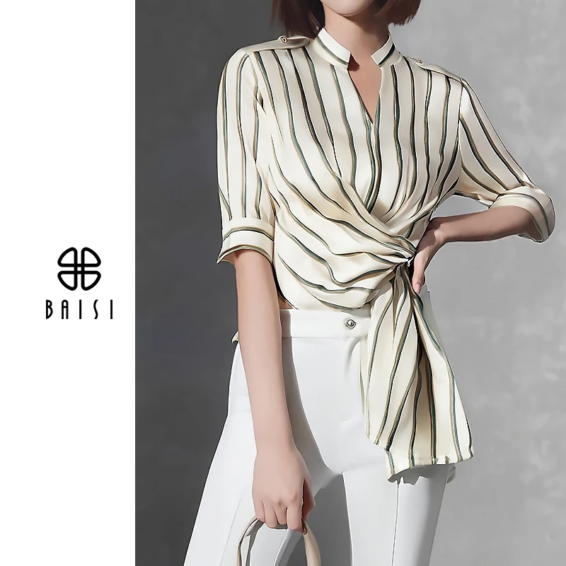 BAISI/百丝条纹宽松衬衫复古防晒休闲常规夏季小众时尚立体装饰