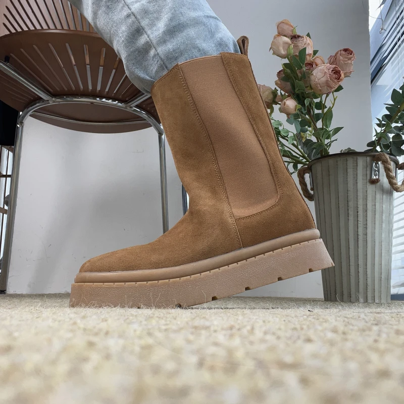 直筒靴厚底百搭靴子女欧美复古圆头中筒鞋子女ins潮牌百搭