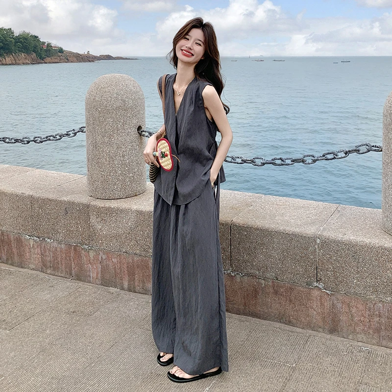 灰色轻熟高级感气质V领系带上衣阔腿裤两件套女夏季法式气质套装