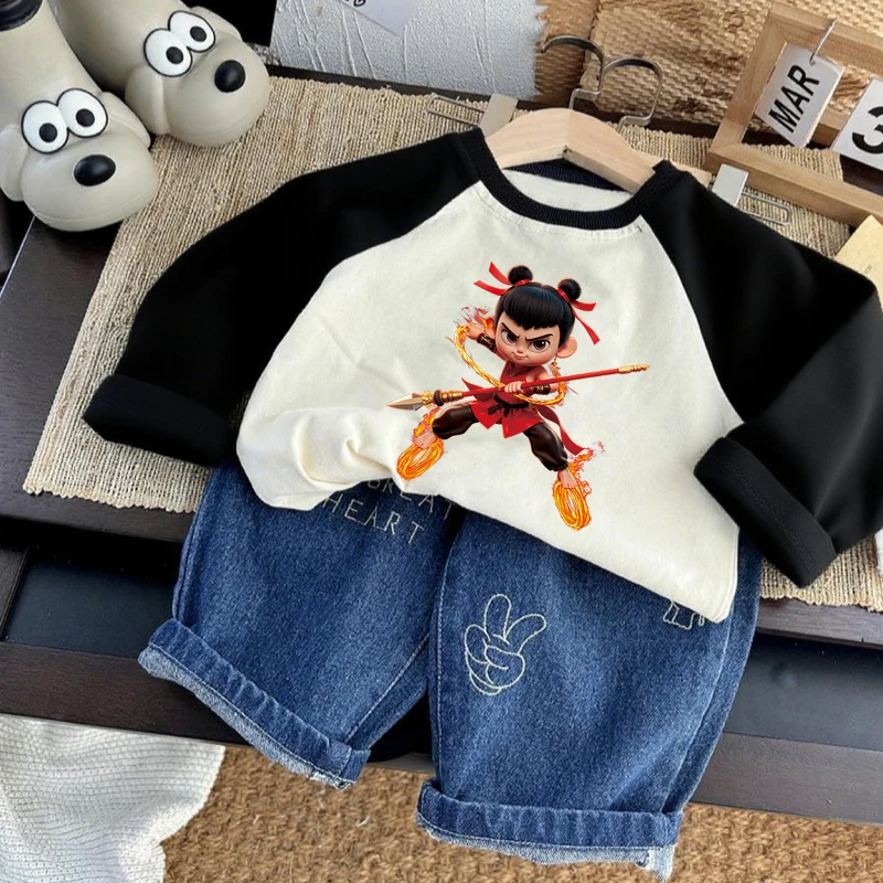 哪吒圆领纯棉100%t恤2025年新款儿童棉T恤春秋款男童女童上衣