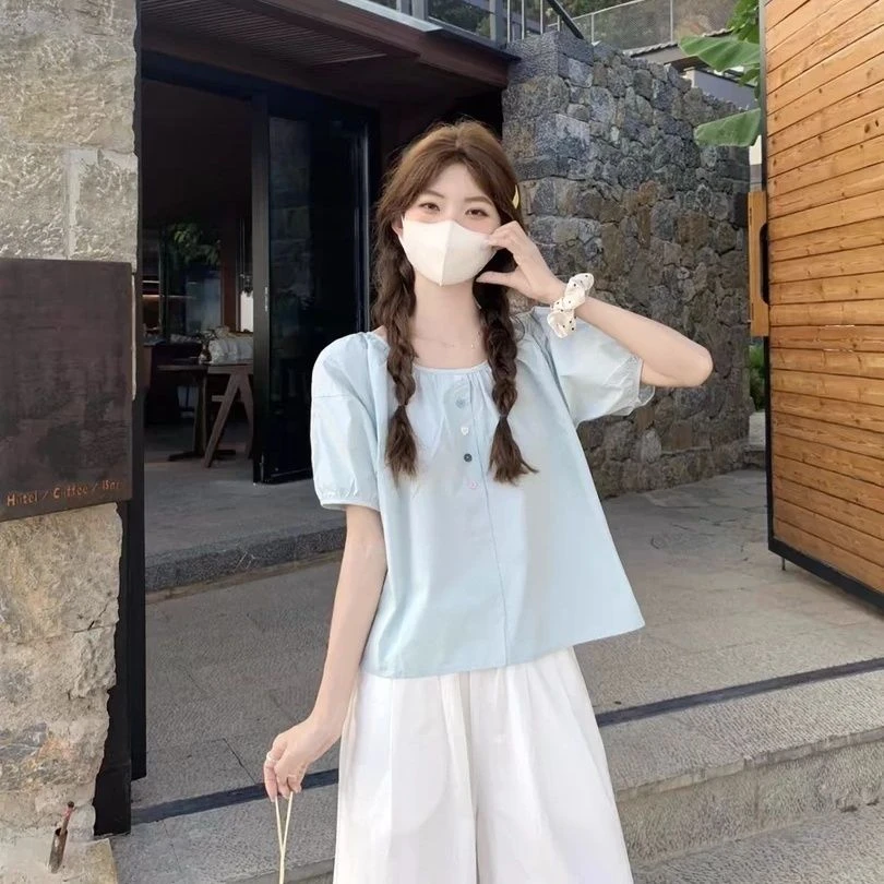 【棉】蓝色上衣女夏法式别致娃娃小衫小个子多巴胺2025新款短袖衬衫