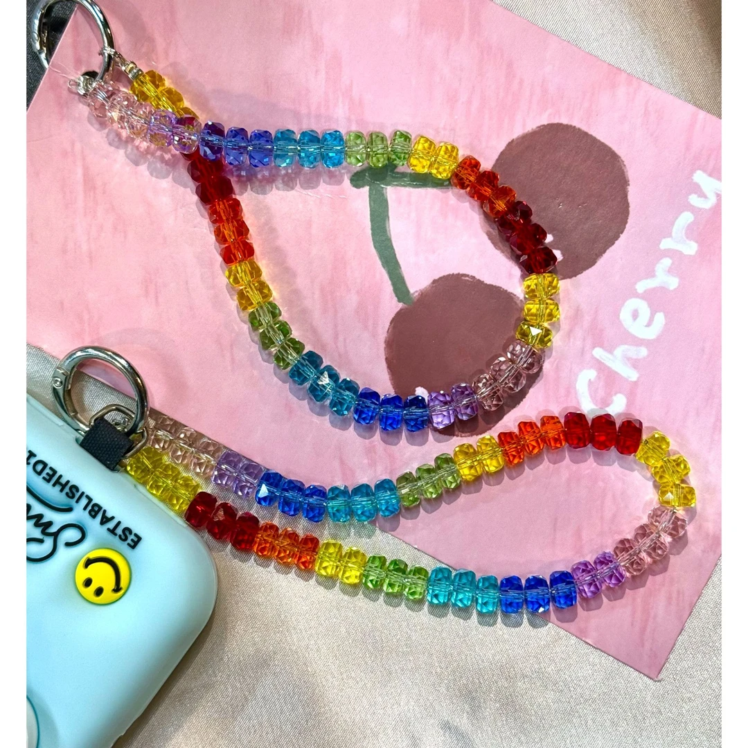 彩虹仿水晶串珠斜跨手机链精致多彩防丢防摔挂饰包包/杯子挂件