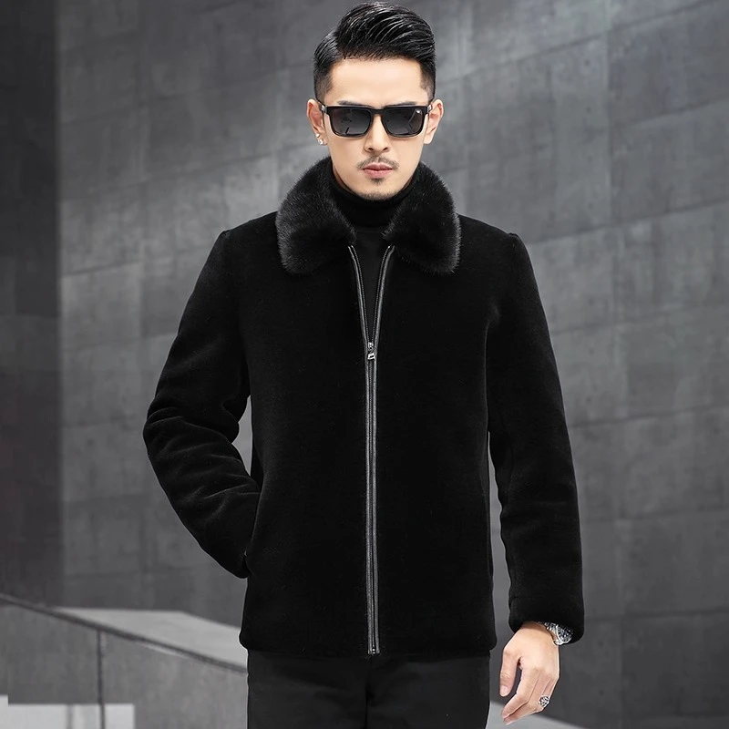 BALEYSWO水貂翻领大衣男士短款水貂毛领皮毛一体真皮冬季商务皮衣