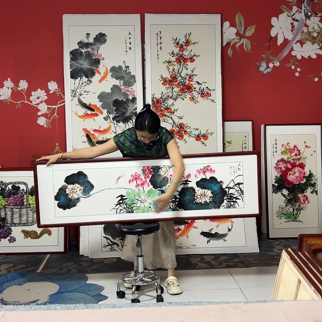 国画手写手绘国画作品带框包邮47✖️162