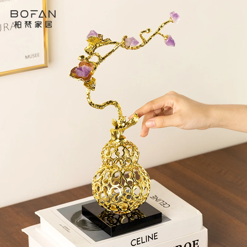 bofan/柏梵新中式轻奢锌合金葫芦晶石摆件客厅办公室玄关装饰礼品