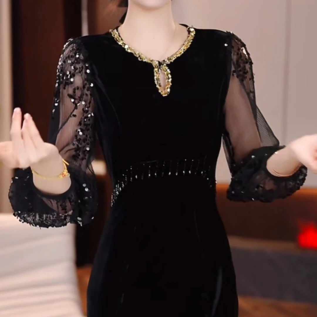 时尚洋气显气质法式卡丹绒礼服裙2025春季新款亮片拼接修身连衣裙