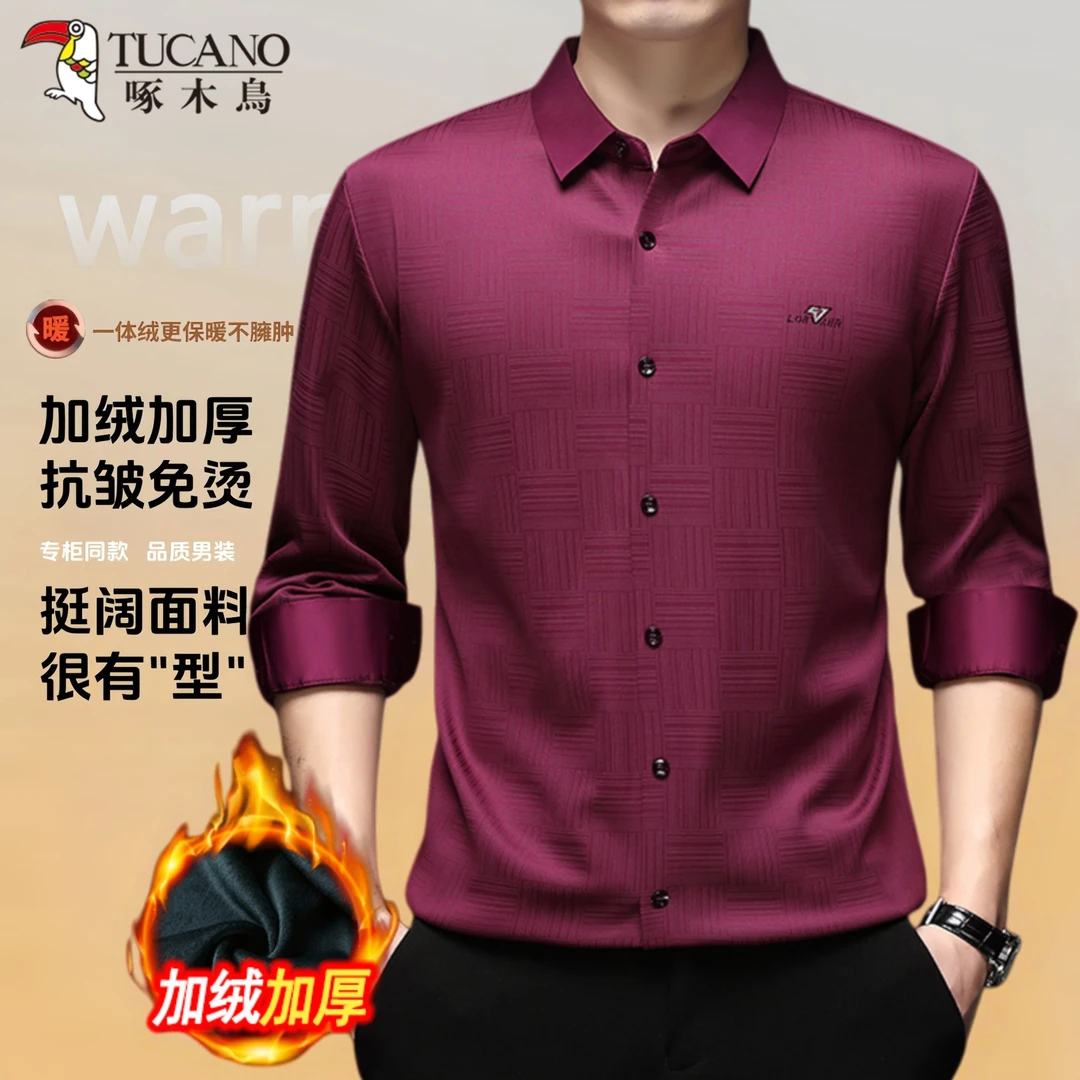啄木鸟高档无痕长袖衬衫男士秋冬季商务休闲中年长袖抗皱免烫衬衣