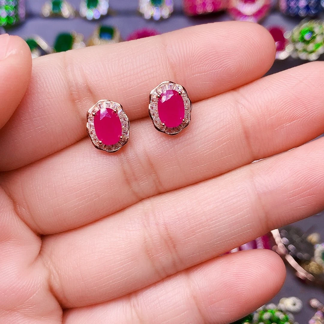 银S925镶嵌耳饰红宝石