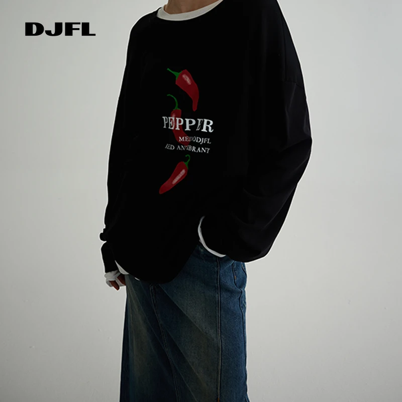 DJFL辣椒字母印花长袖T恤新款宽松休闲情侣同款纯棉百搭DWWS1T423