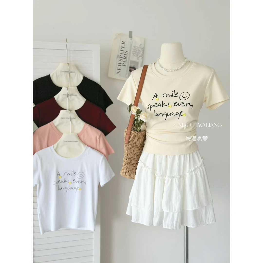 夏日新款甜美减龄学院风字母印花设计感ins休闲百搭T恤1026#0.1