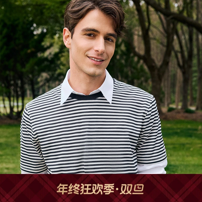 Tommy25新款夏季男装纯棉休闲通勤撞色条纹圆领合身短袖T恤38740
