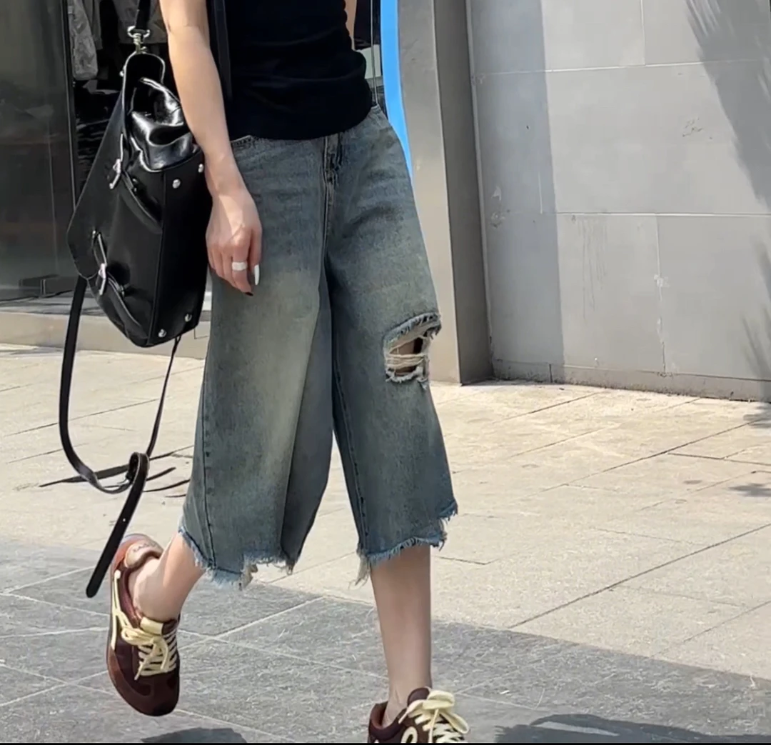 女士高档七分牛仔裤女夏季显瘦宽松直筒设计感阔腿裤休闲百搭