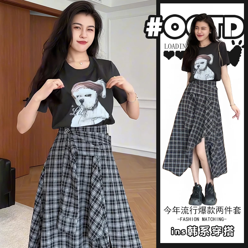又酷又飒的穿搭套装2025夏季潮牌印花短袖T恤不规则格子裙两件套