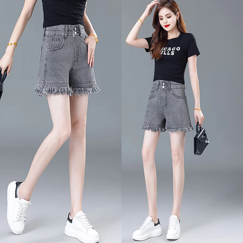 外穿毛边阔腿热裤2025年新款烟灰牛仔短裤女夏季薄款洋气小个子