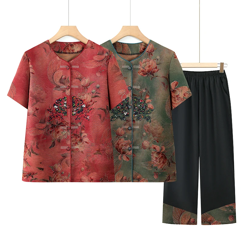 878中年妈妈装夏款短袖洋气套装中老年奶奶开衫气质宽松夏季套装