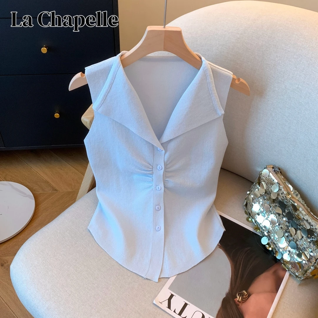 拉夏贝尔夏季新款韩版气质纯色Polo领无袖排扣开叉针织背心上衣女