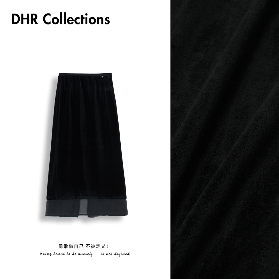 豆豆6【丝绒裙】欧若风网纱拼接休闲风A字开叉半身裙女-DQ6102