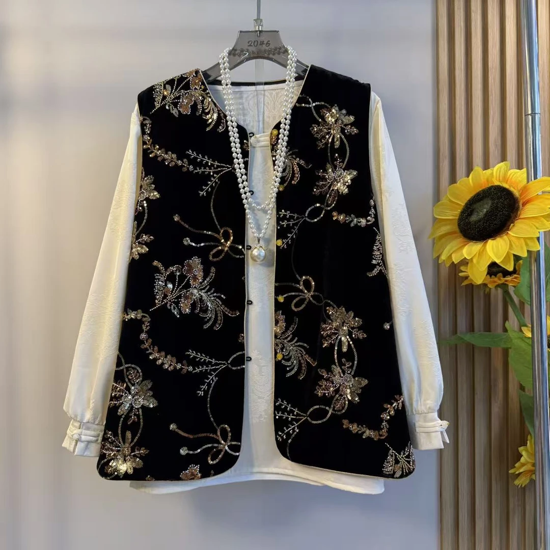 2025早秋减龄新款大码女装胖MM时尚洋气国风减龄显瘦钉珠马甲打底