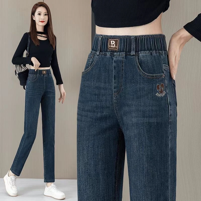 松紧高腰刺绣牛仔裤女2025春秋新款百搭休闲宽松显瘦小个子哈伦裤