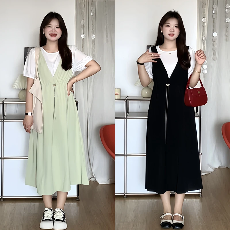 微胖的喵喵 大码mm夏季显瘦气质温柔拼接短袖收腰连衣裙子女 0389