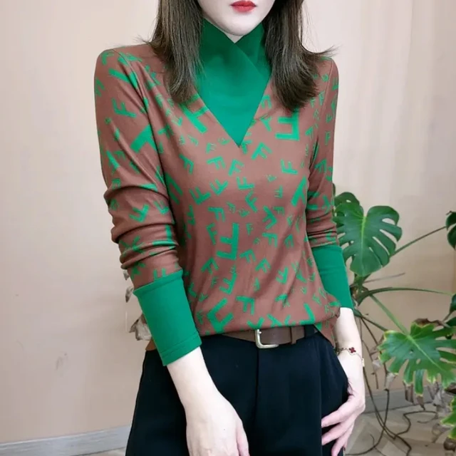 妈妈装围巾领印花双面绒打底衫时尚女秋冬长袖T恤减龄百搭女上衣