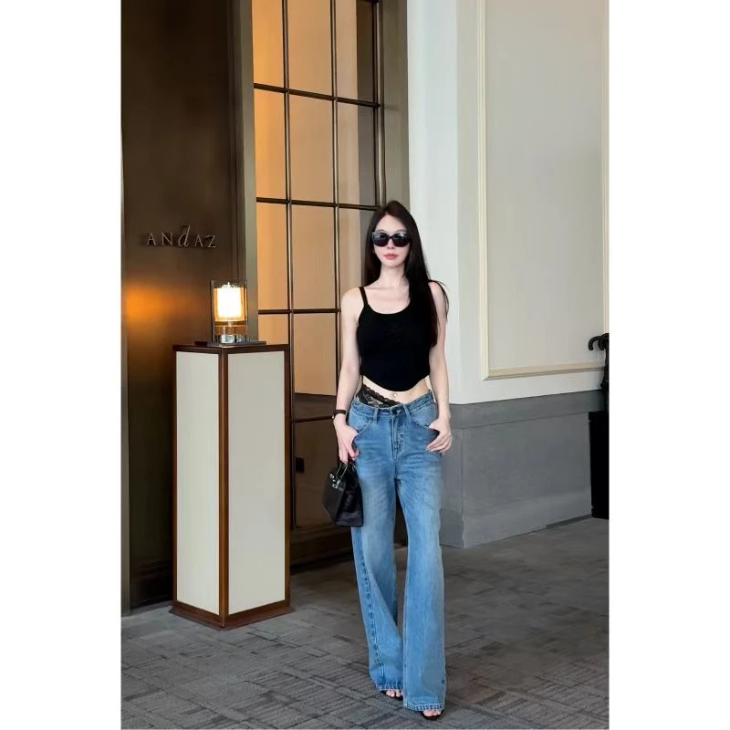 lele 设计款蕾丝装饰拼接直筒牛仔长裤2025夏季新品 2505128NZK