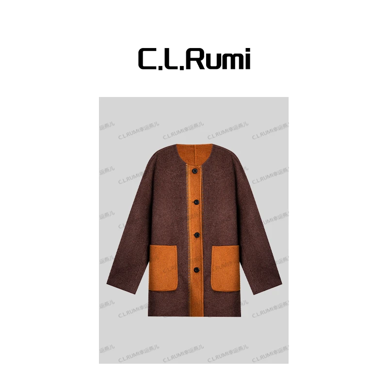【Rumi精选】“半岛弥香”秋冬轻奢双面穿撞色中长款羊毛大衣7226wt