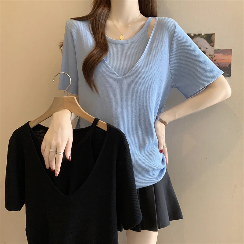 大码女装设计感挂脖短袖胖妹妹针织衫女夏季胖mm百搭上衣