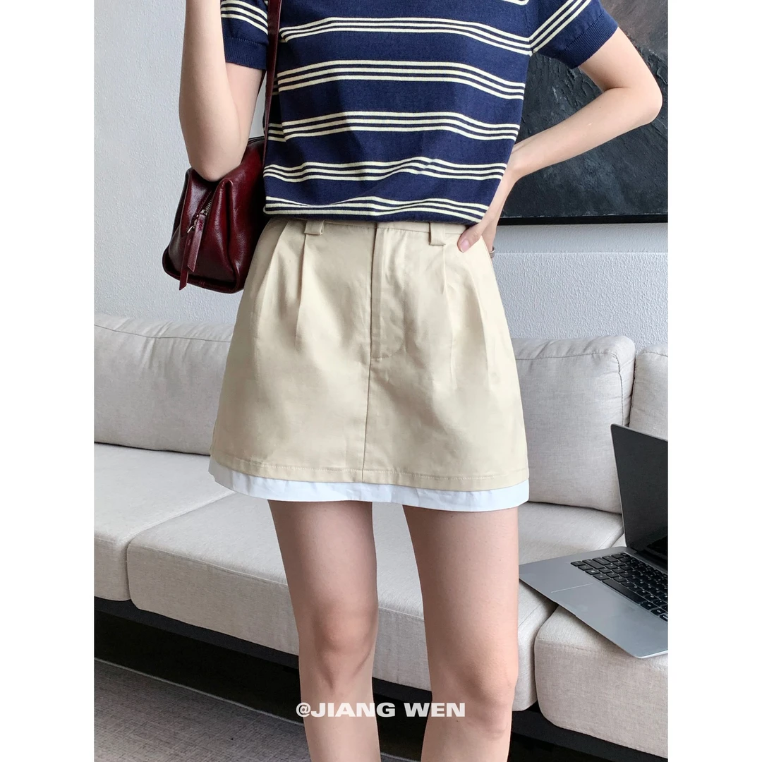 【卡其半裙】纯色拼接时尚百搭百褶半身裙