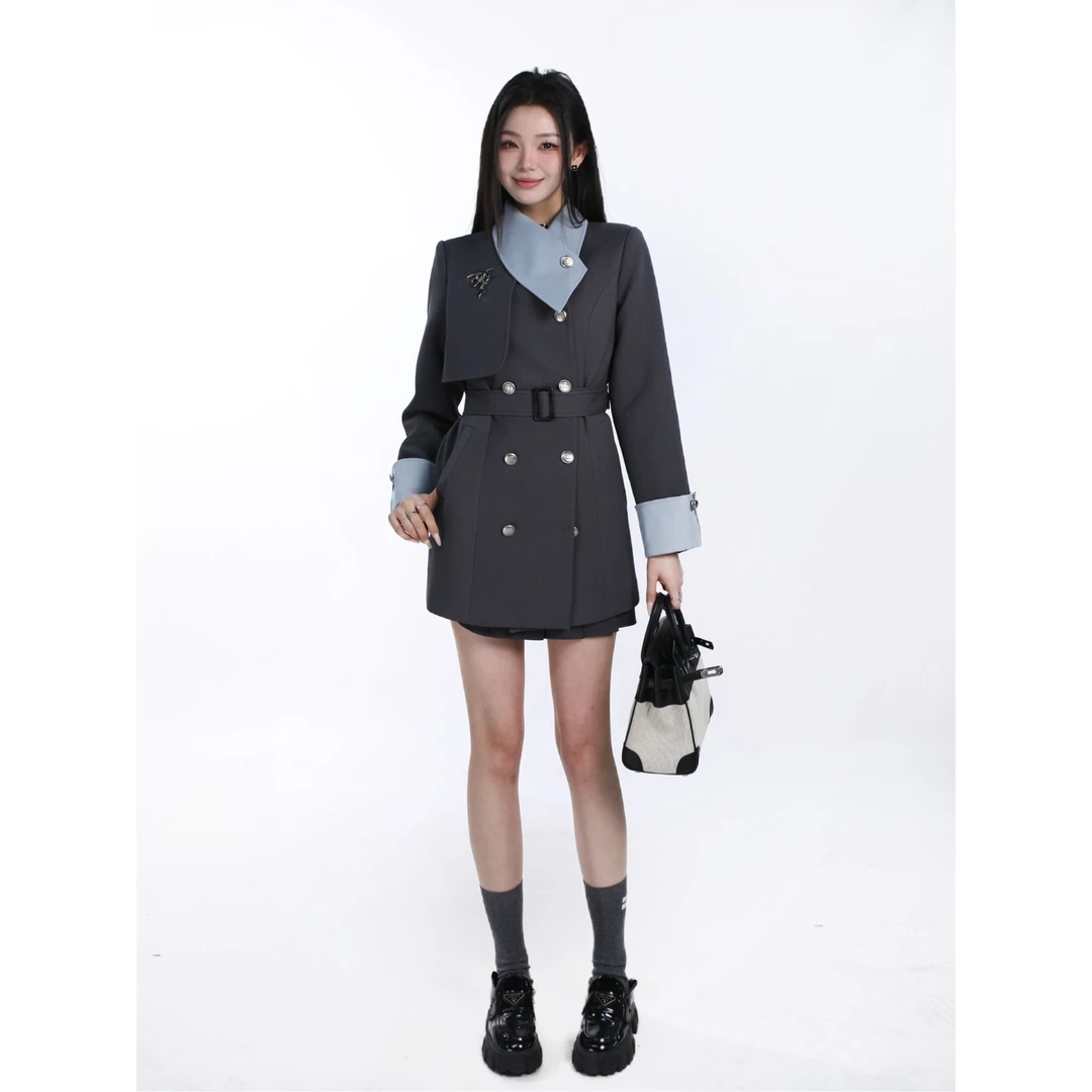 【风衣连衣裙】秋冬假两件不规则拼接气质通勤绑带显瘦女外套