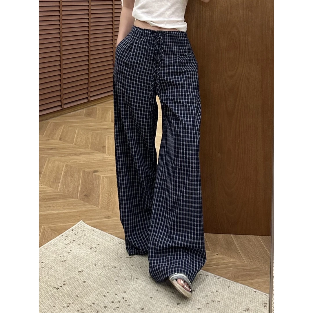 拉夏贝尔格纹阔腿休闲裤女2025夏季新款时尚简约宽松百搭直筒裤子