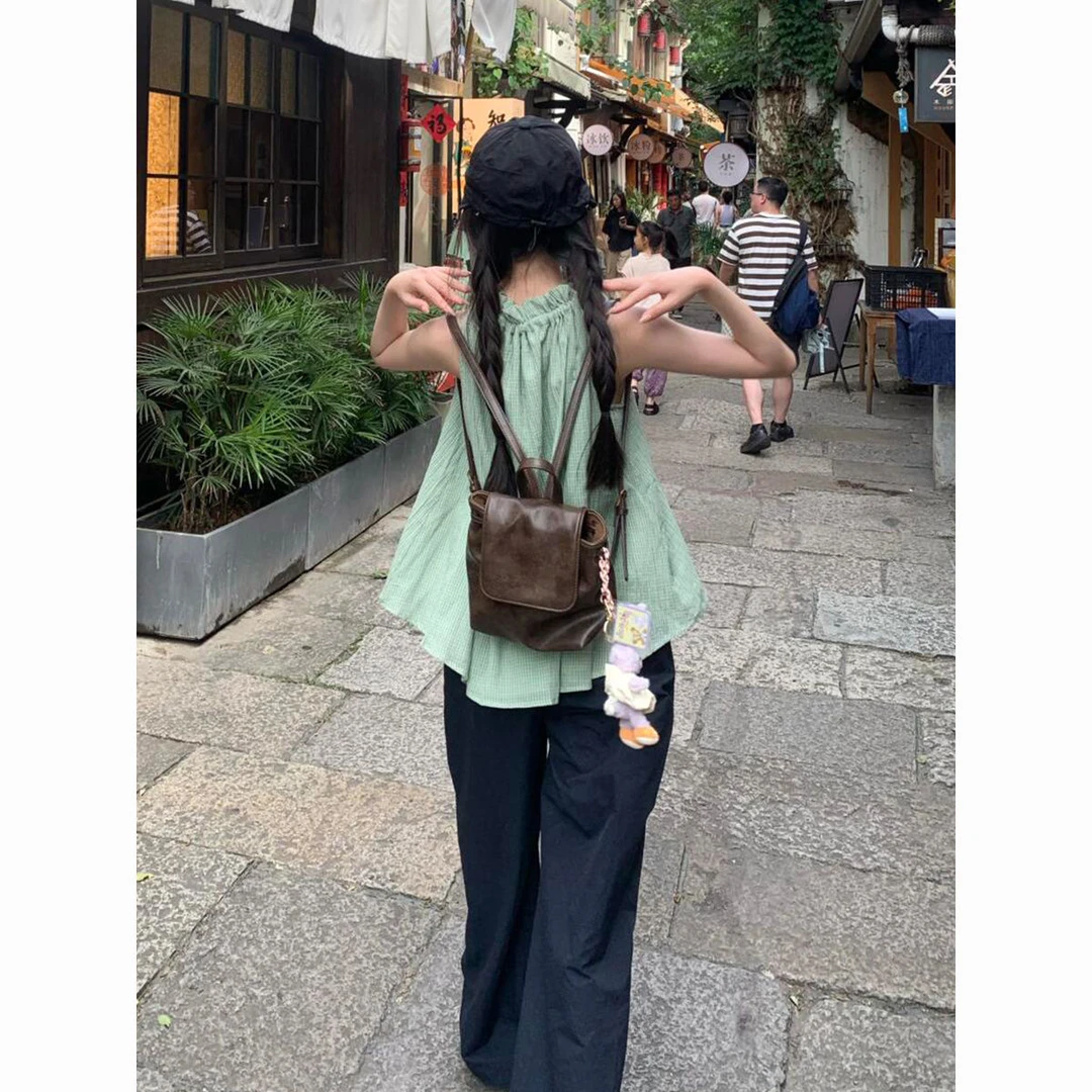 美式复古双肩包包女小众高级感棕色PU软皮通勤书包学院风百搭背包