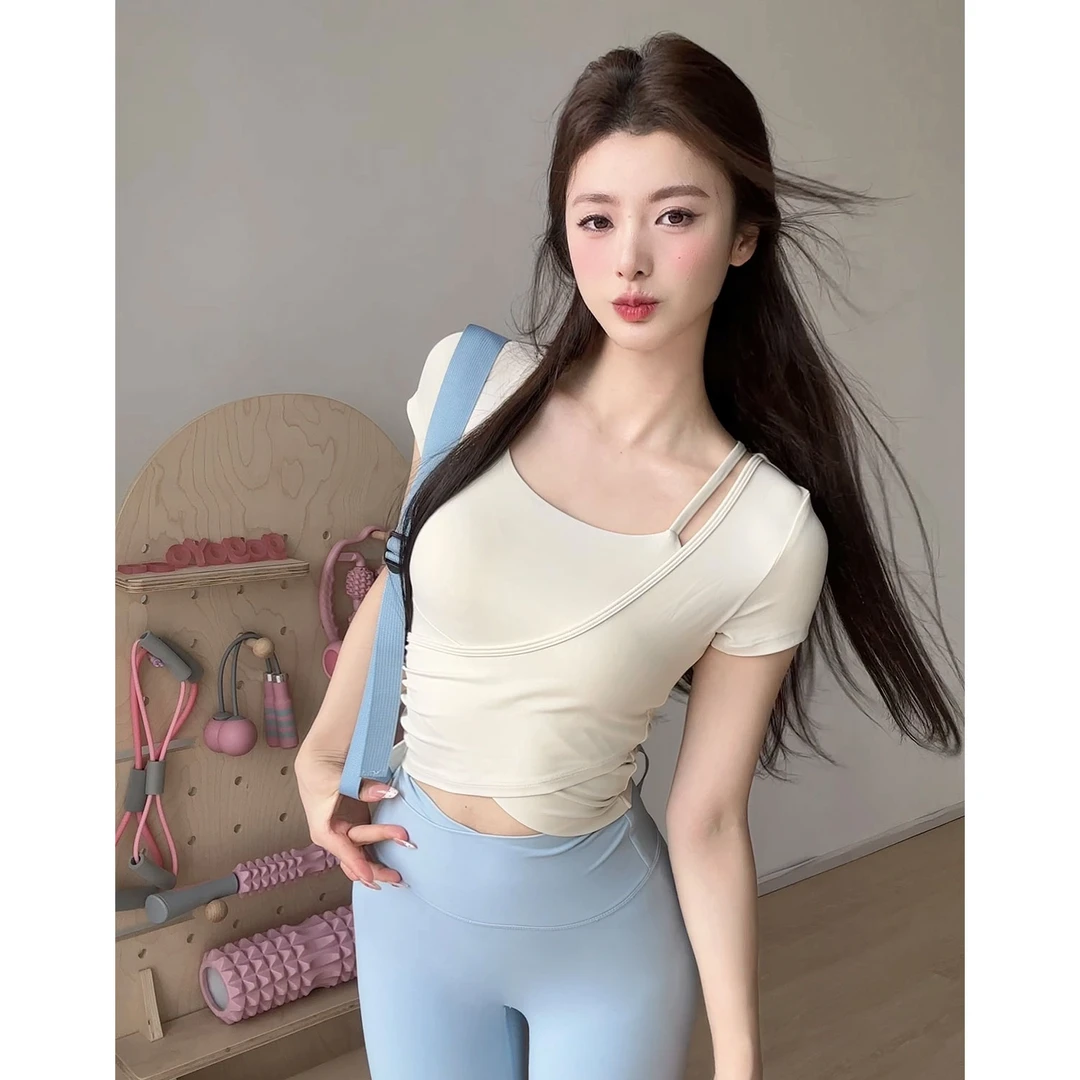 瑜伽服上衣带胸垫夏季高弹普拉提训练服显瘦跑步运动短袖健身服