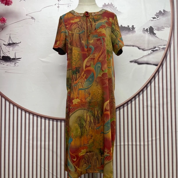 3379长裙休闲风纯色A字裙立领连衣裙复古花色双层国风设计师女装