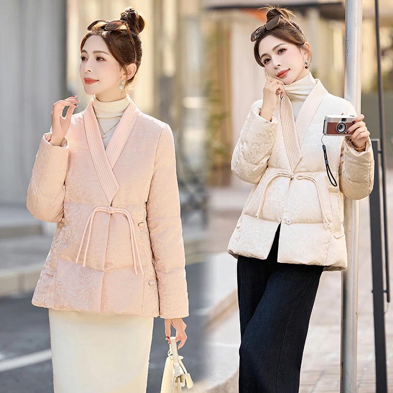 新中式国风盘扣高端羽绒服女2024冬季新款v领高品质90白鸭绒外套