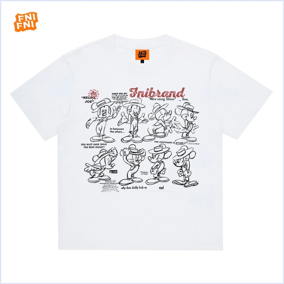 FNI国潮重磅纯棉（米老鼠秀）男女同款t恤美式复古短袖24新款直喷