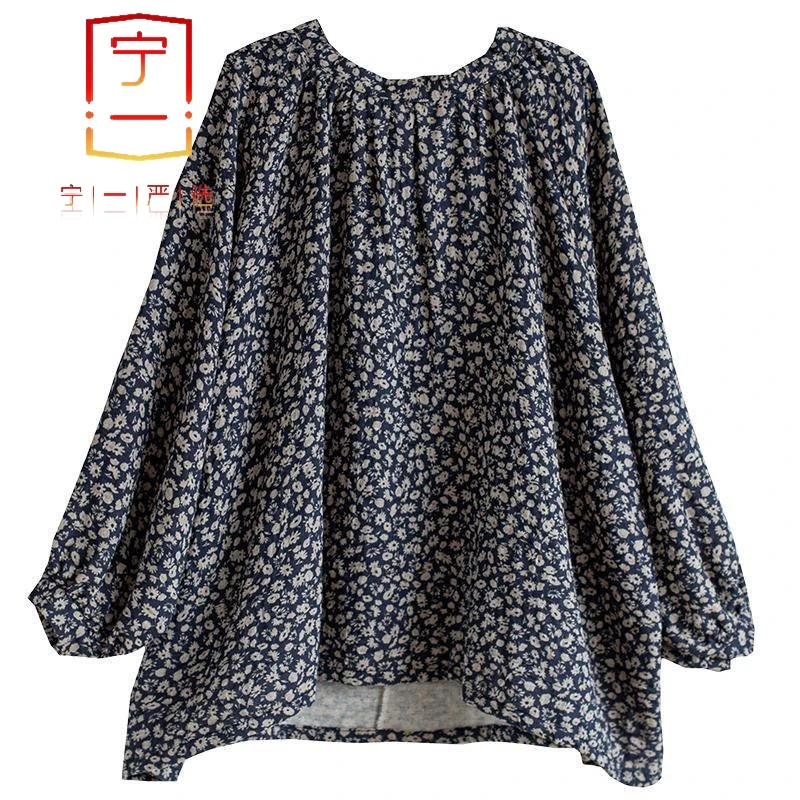 【宁一女装】时尚洋气显瘦文艺复古棉碎花娃娃衫日系棉麻圆领上衣女