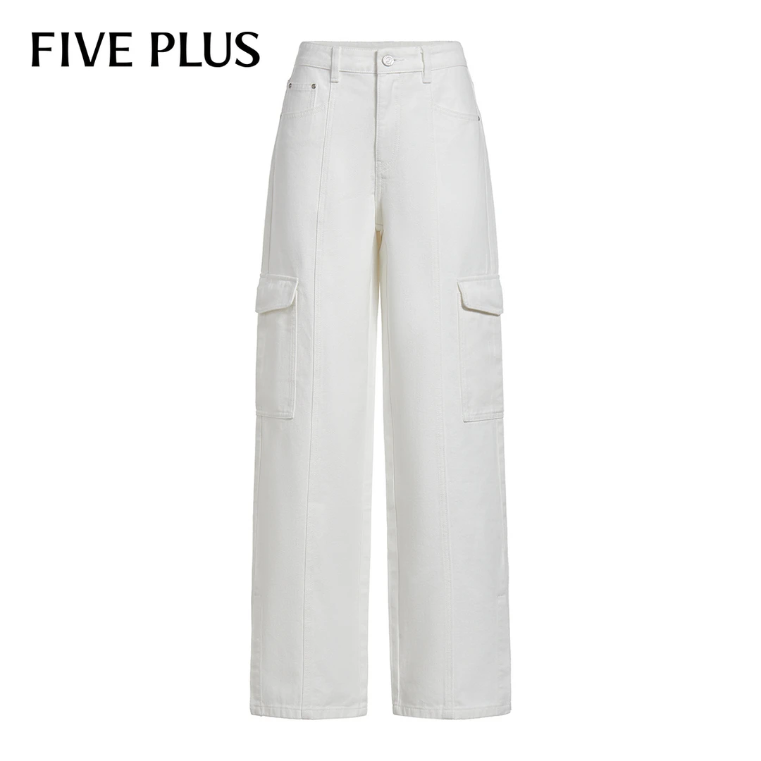 FIVE PLUS夏装牛仔裤女阔腿裤子开叉长裤洗水工装口袋2LE2063290
