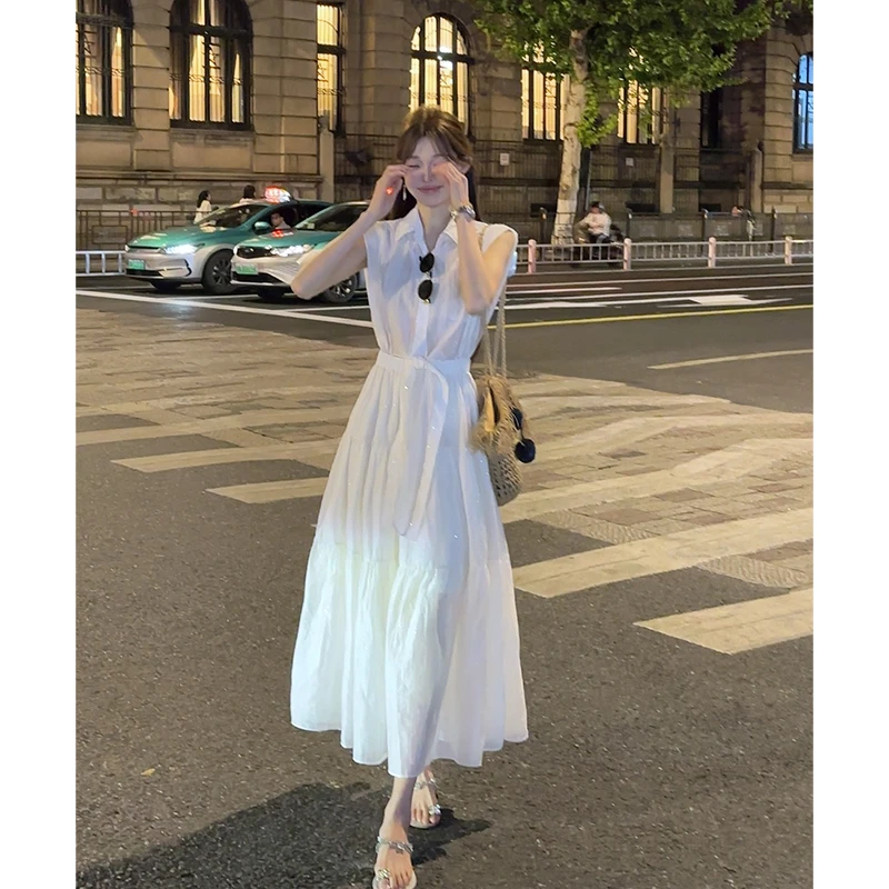 夏季新款韩系白色高级感无袖连衣裙女法式收腰显瘦设计感衬衫长裙
