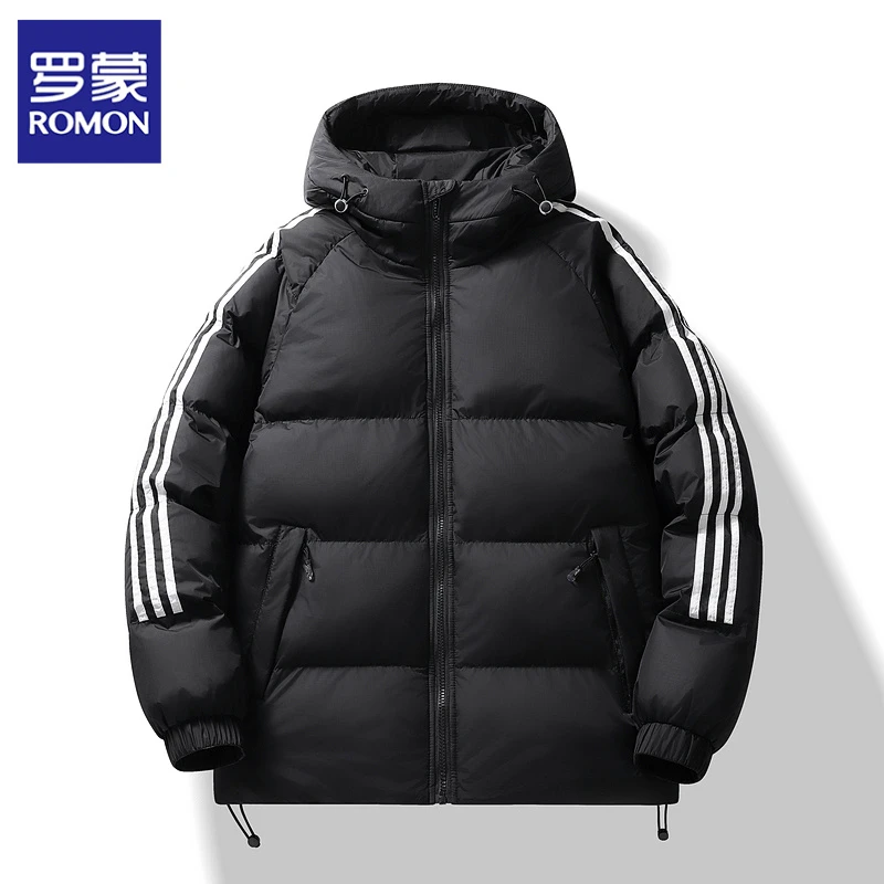 罗蒙2024秋冬新款三条杠面包服男女情侣连帽棉衣简约时尚工装防风